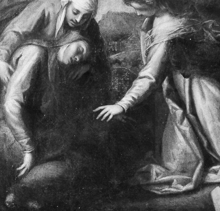 Likely Mary Magdalene and the Virgin , their prostrate forms anchor the grief of the image and give the eye a resting point after the vertical drama of the cross.