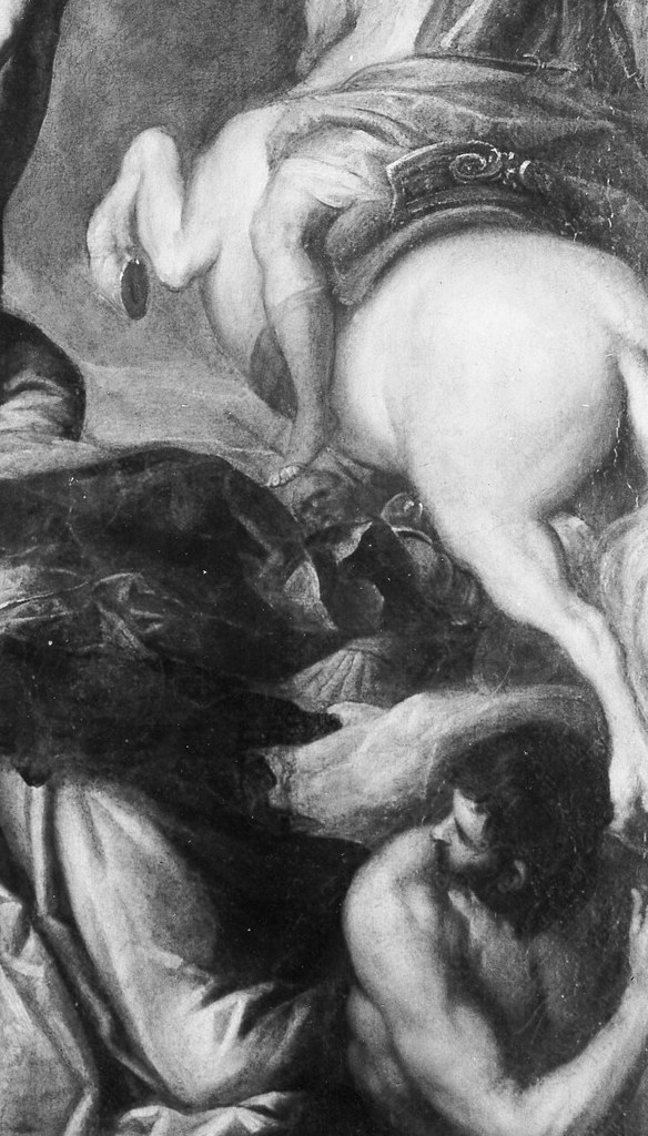 The horse's bright coat mirrors Christ's pale torso and introduces worldly military power in deliberate contrast to the crucified body above.