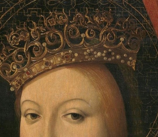 She wears a royal crown, symbolizing her status.