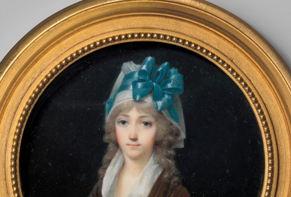 The self-possessed, unsmiling directness is unusual for 1795 miniatures , Isabey's sitters often look away; this one holds the viewer, lending her anonymity a strange authority