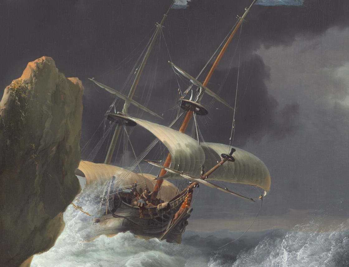 Look at the foreground ship, battered by the storm.