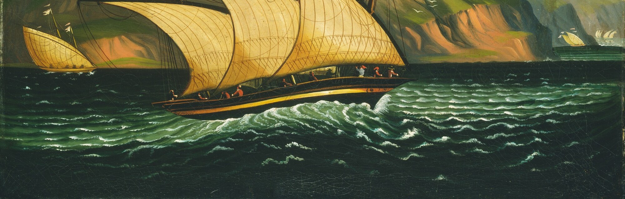 Chambers paints the sea in deep teal-green with white-capped rolling swells; the contrast between turbulent water and the vessel's confident progress creates tension.
