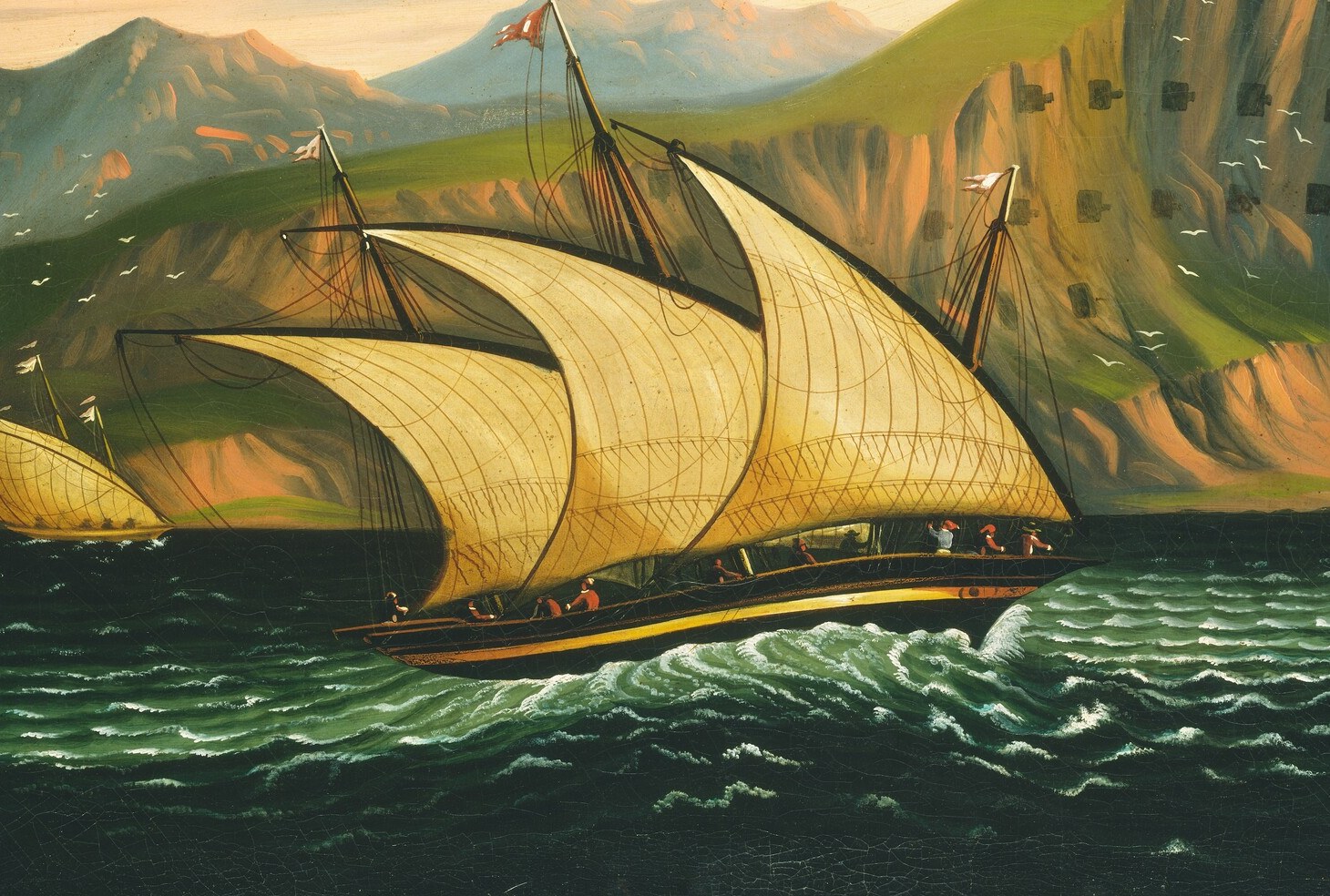 The central subject , a Mediterranean lateen-rigged felucca with billowing ochre sails that dominate nearly half the canvas, conveying speed and vitality against the dark water.