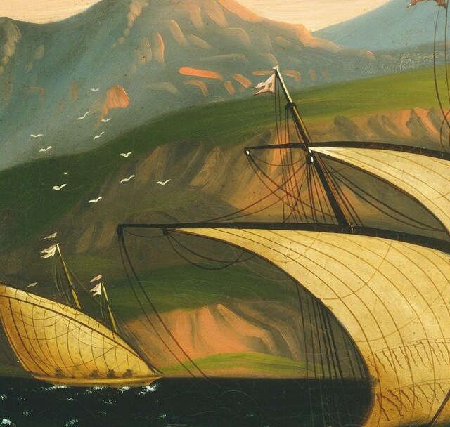 A secondary sail slightly furled compared to the main, giving depth and a sense of the rigging system; its lighter tone separates the bow from the background rock.