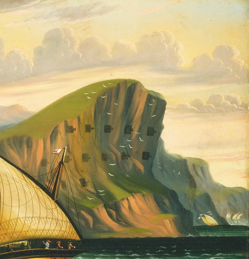 The iconic limestone promontory looms as an unmistakable geographic marker , its near-vertical face in cool grey-green anchors the scene in a specific place and era of Mediterranean trade routes.