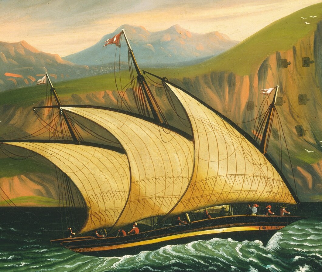 Chambers renders the sail with striking golden-yellow warmth, its taut curvature suggesting a strong following wind; the luminosity against the dark sea is the painting's chief visual drama.