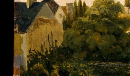 Its scale and detail suggest it's a significant structure, perhaps a farmhouse or manor, anchoring the left side of the composition.