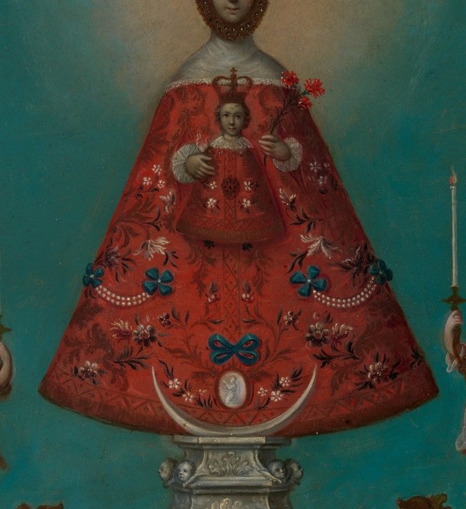 She wears a red gown painted to mimic real embroidered silk.