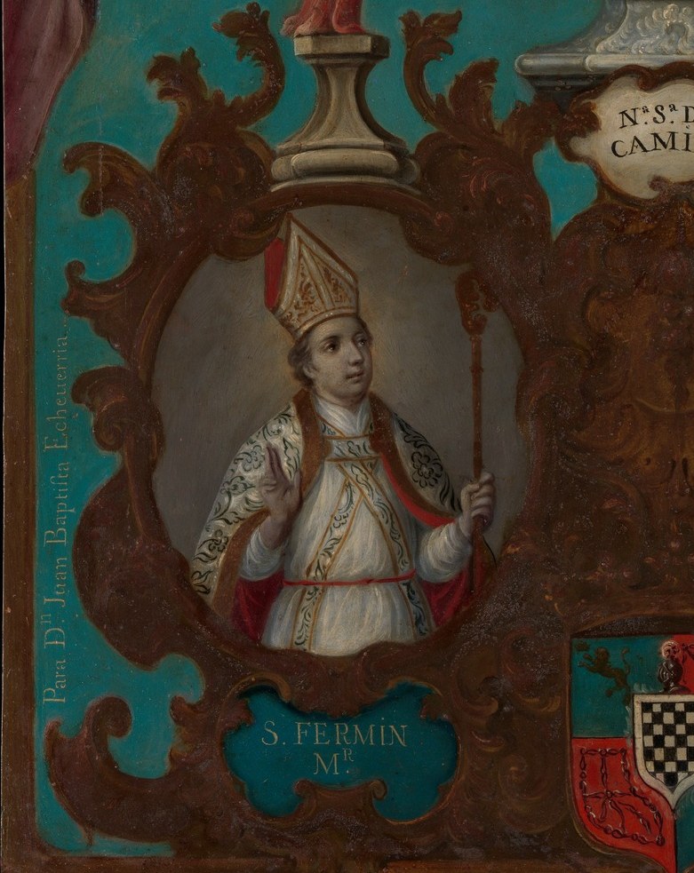 Formal portrait within an oval frame shows episcopal vestments, miter, and likely attributes of St. Fermín or Saturnino , a document of how these saints were imagined in 18th-century New Spain