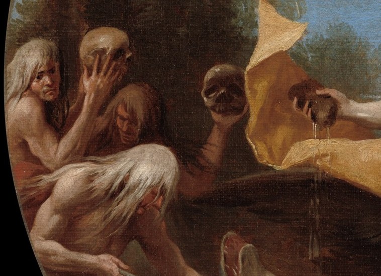 Their contorted poses and skeletal features evoke torment and despair, perhaps victims or accomplices.