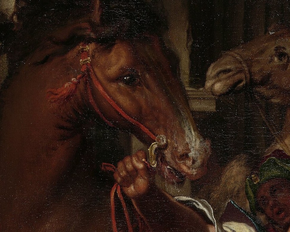 A third Magus (behind the horse) carries myrrh, a burial spice.