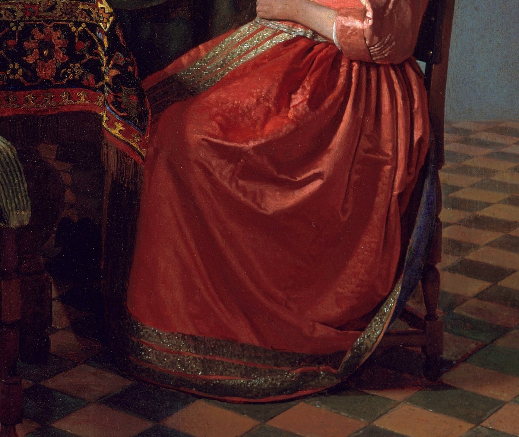 Look at the vibrant red dress.