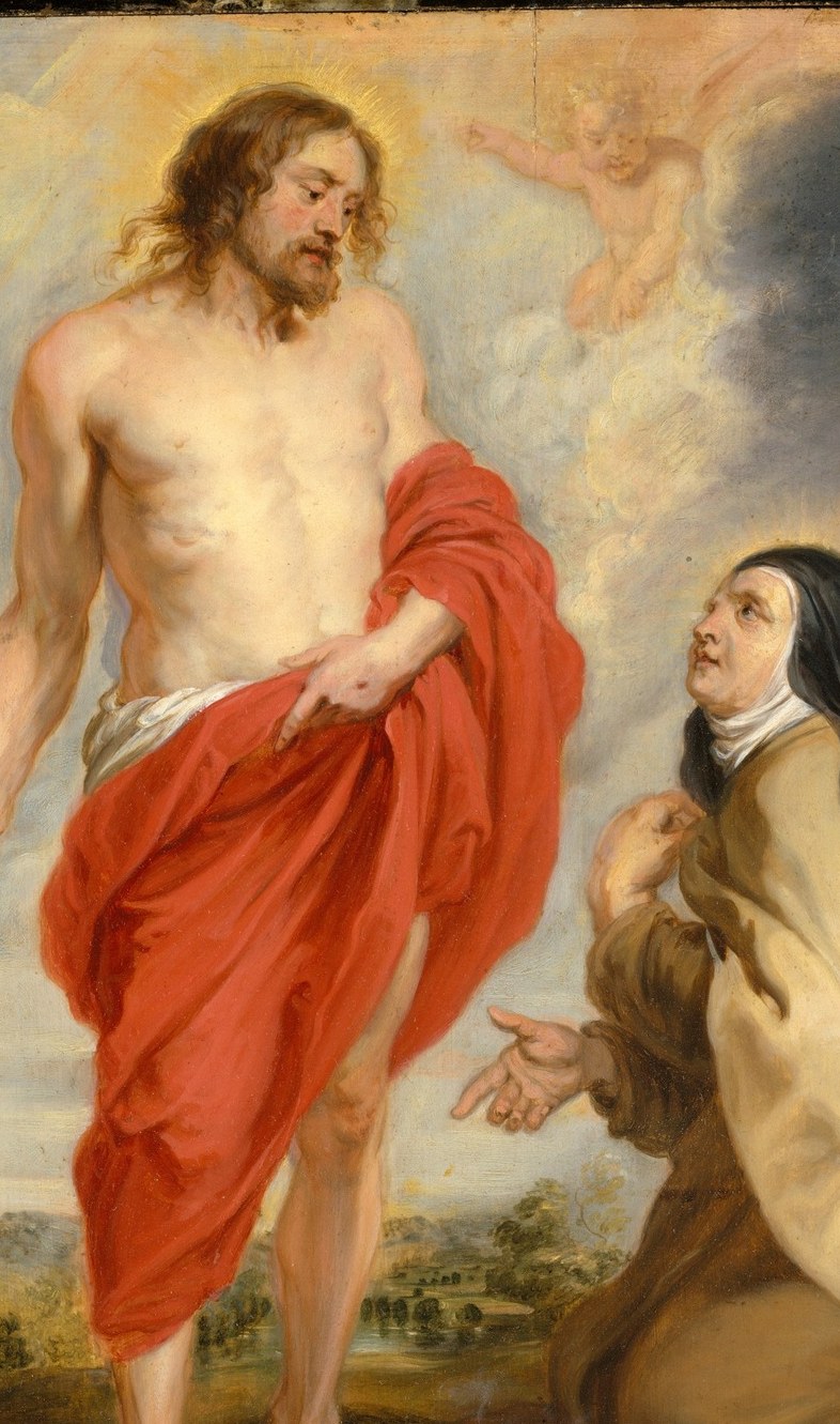The commanding central presence , his open gesture of reassurance is the theological pivot of the whole composition, declaring Mendoza's soul will be saved.