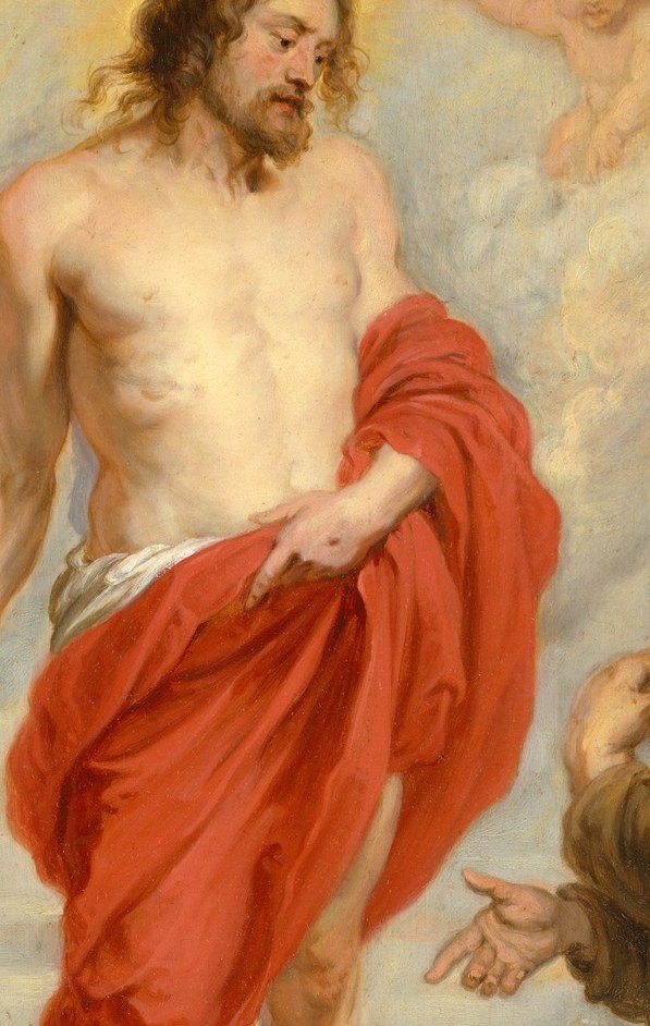 The single largest area of saturated color , the red functions as a compositional beacon drawing the eye to Christ and also carries its traditional associations with sacrifice and majesty.