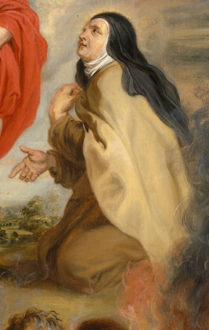 Her upward gaze and pressed-together hands express rapturous intercession; the brown-and-white Carmelite habit is an identifying costume detail.