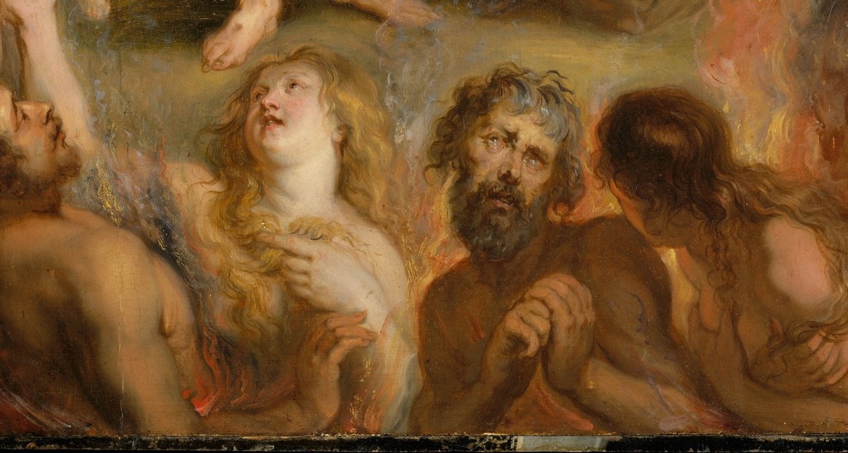 The most visceral passage: tormented figures twist and reach upward, giving the viewer a direct emotional register of what Teresa's intercession is rescuing them from.