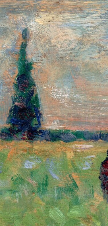A strong vertical anchoring the left edge and providing tonal counterpoint to the luminous sky; anticipates Seurat's later use of cypresses as compositional poles