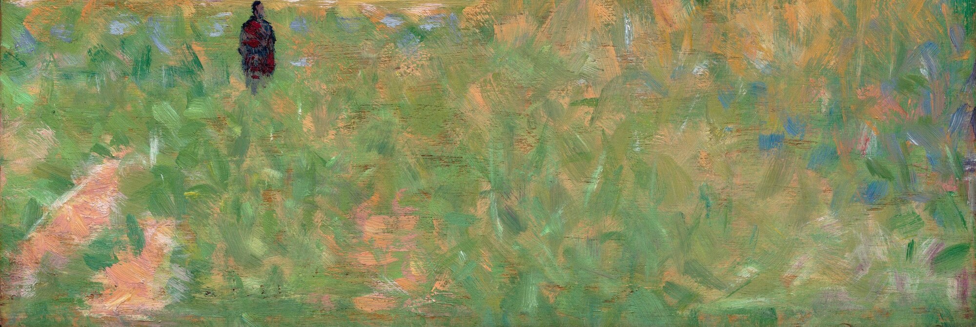 Primary surface for Seurat's textured touch , layered greens of varied value capture the shimmering quality of summer grass under direct sun