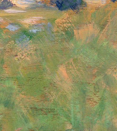 The sole human presence; its smallness against the vast open meadow is a deliberate compositional statement about summer solitude and the scale of nature