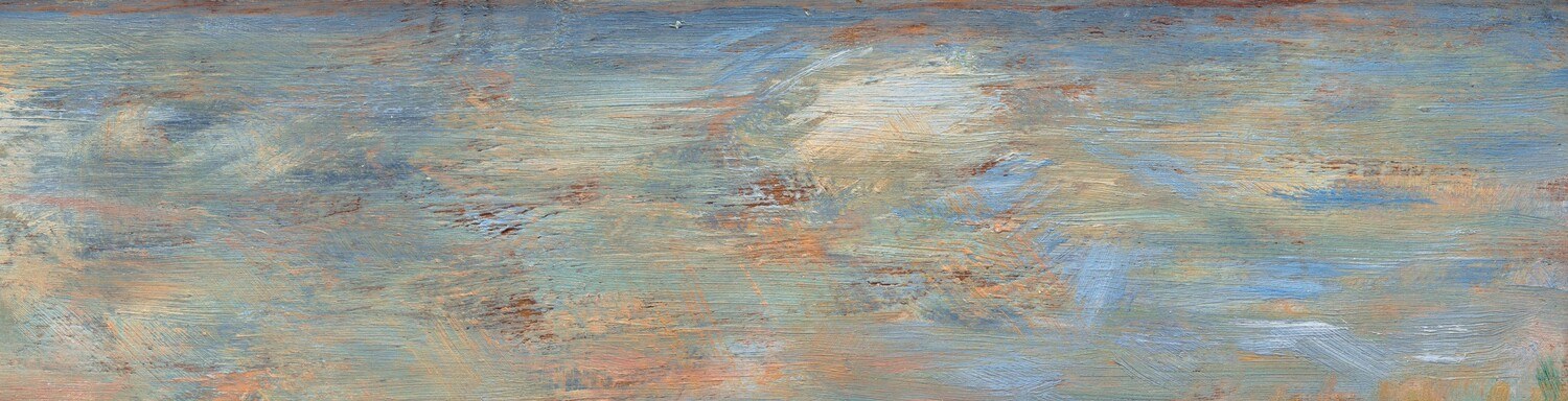 Carries the highest luminosity in the painting; close inspection shows Seurat building brightness through layered pale strokes rather than flat white