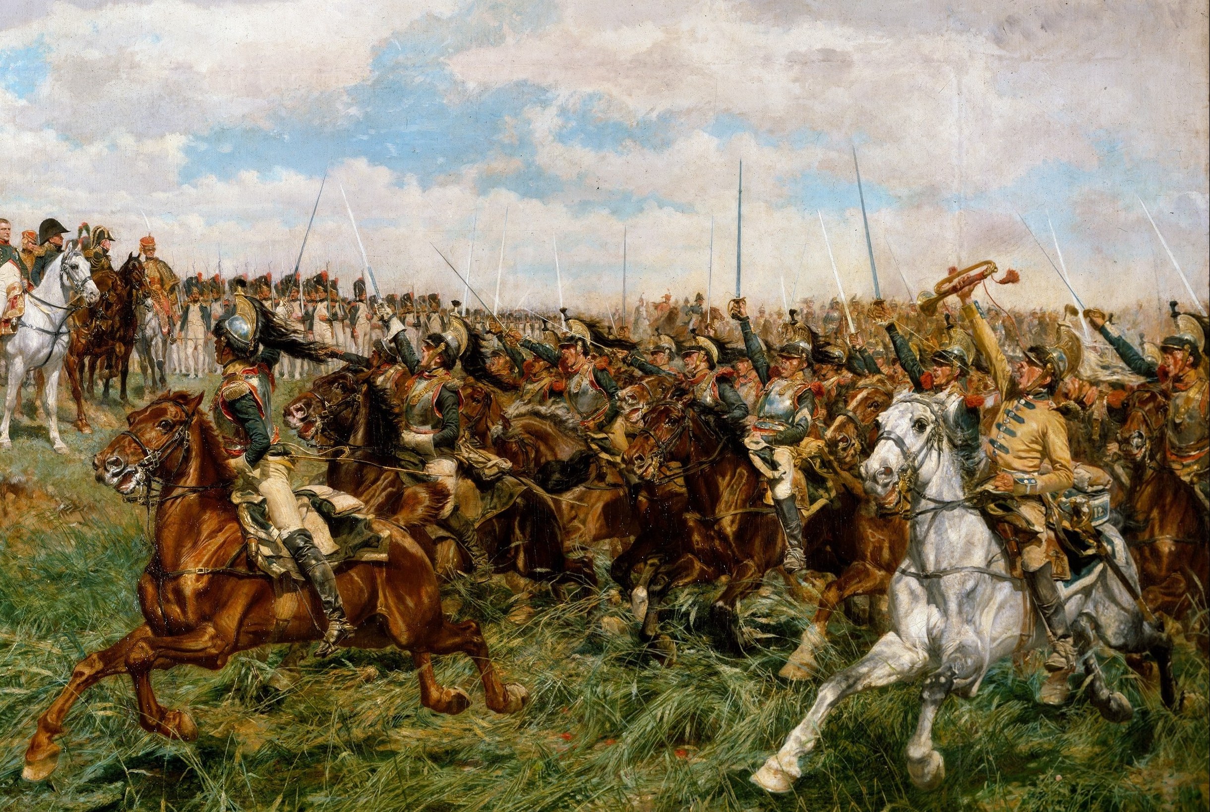 Meissonier's tour-de-force: hundreds of individually differentiated armored riders rendered with documentary precision, each figure distinguishable despite the press , the result of 15 years of study.