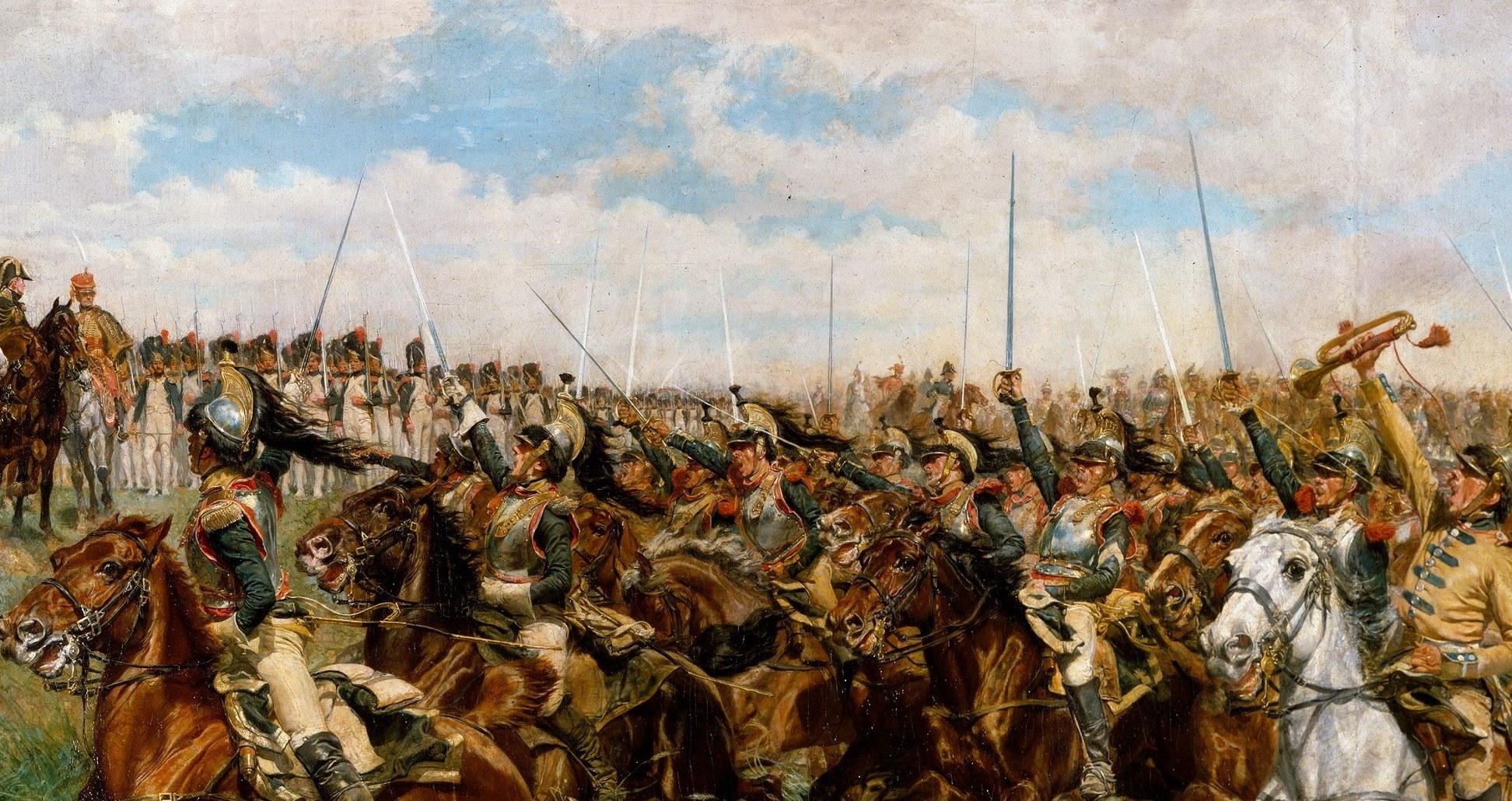 The flickering highlights on steel cuirasses amid murky shadows is a virtuoso trick passage , Meissonier achieves the optical effect of sunlight fracturing across moving armor in thick oil.