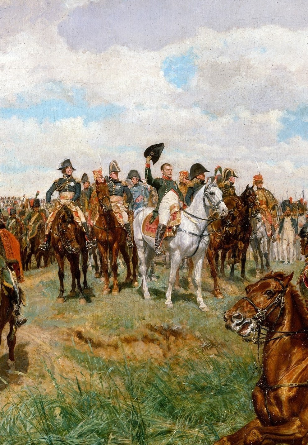 The compositional anchor , Napoleon rides calmly amid the thundering charge, embodying command over chaos; his elevated position and pale horse separate him visually from the dark mass of cavalry.