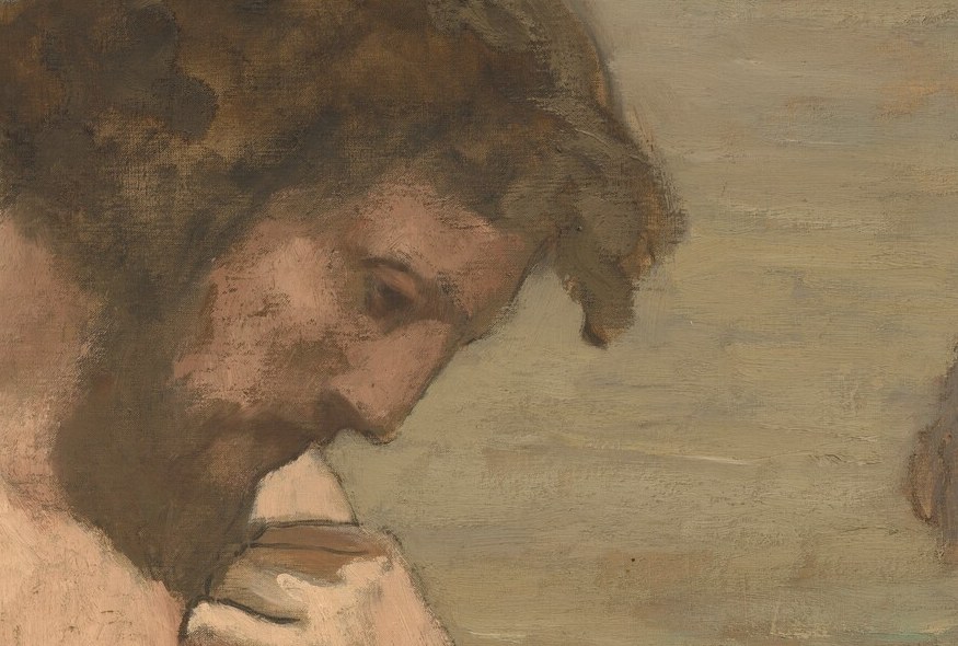 His downcast face, shadowed by shame and regret.