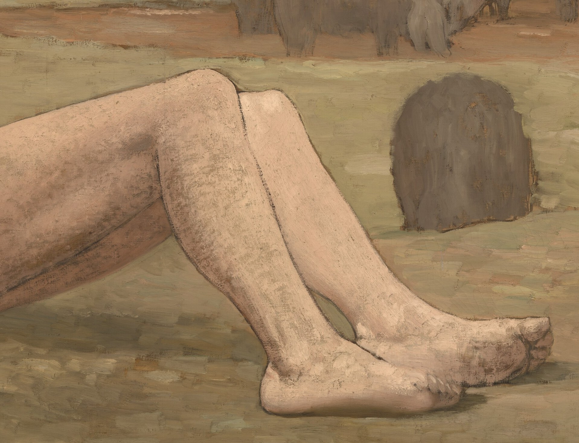 The rendering of his legs, exposed and vulnerable, emphasizes his fallen state.