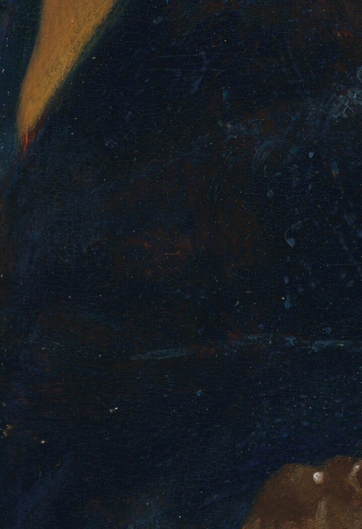 A carved gilt lion's head peeks from the left edge , a recurring motif in Vermeer's domestic interiors that scholars have traced to a specific chair in his studio; its presence here links this panel to his authenticated works.