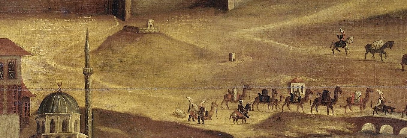 See the camel caravan, bringing goods to the city.