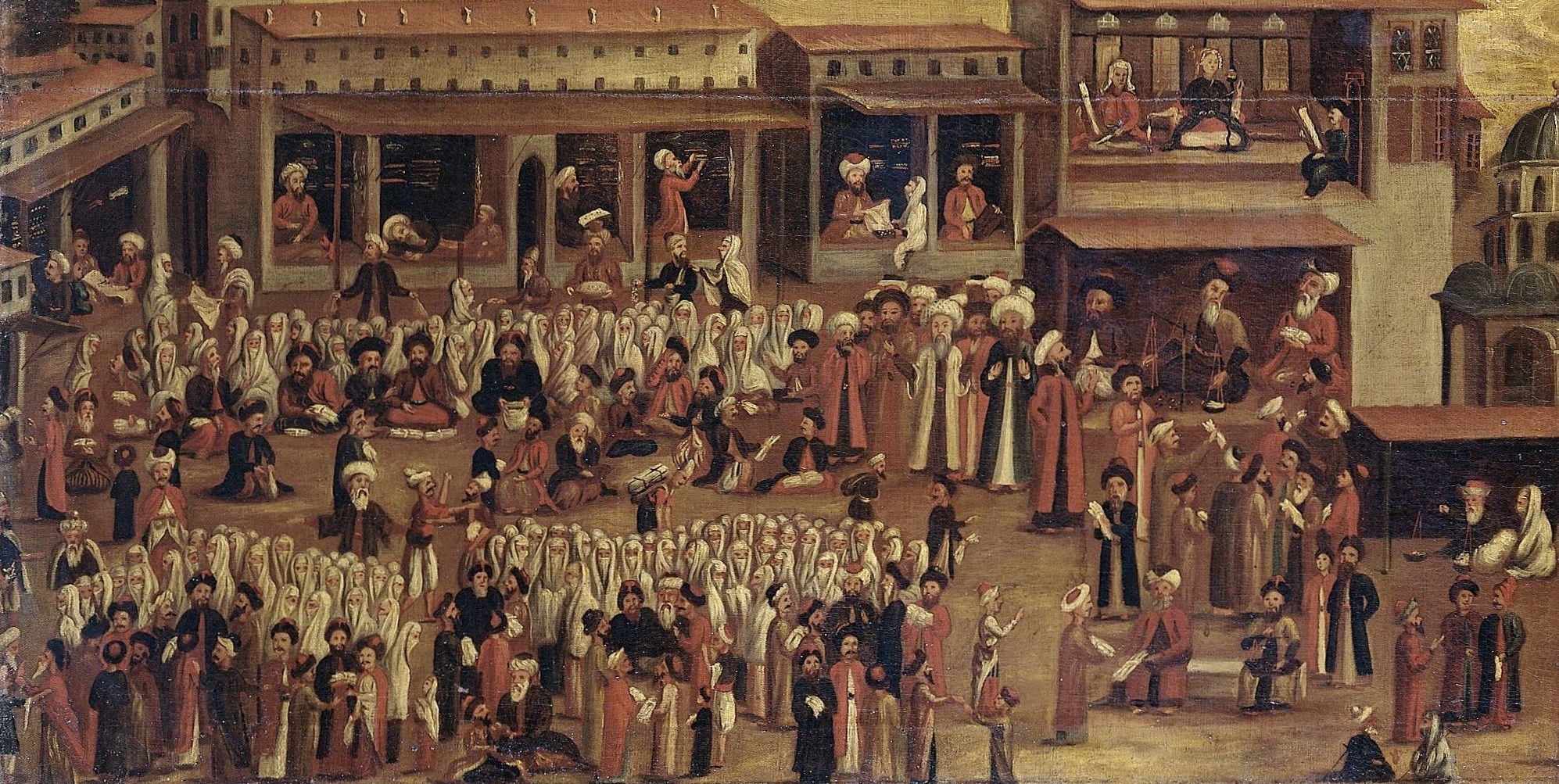 The marketplace teems with hundreds of figures.