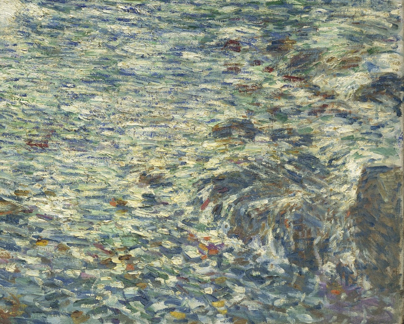Sunlight shimmers on the water's surface.