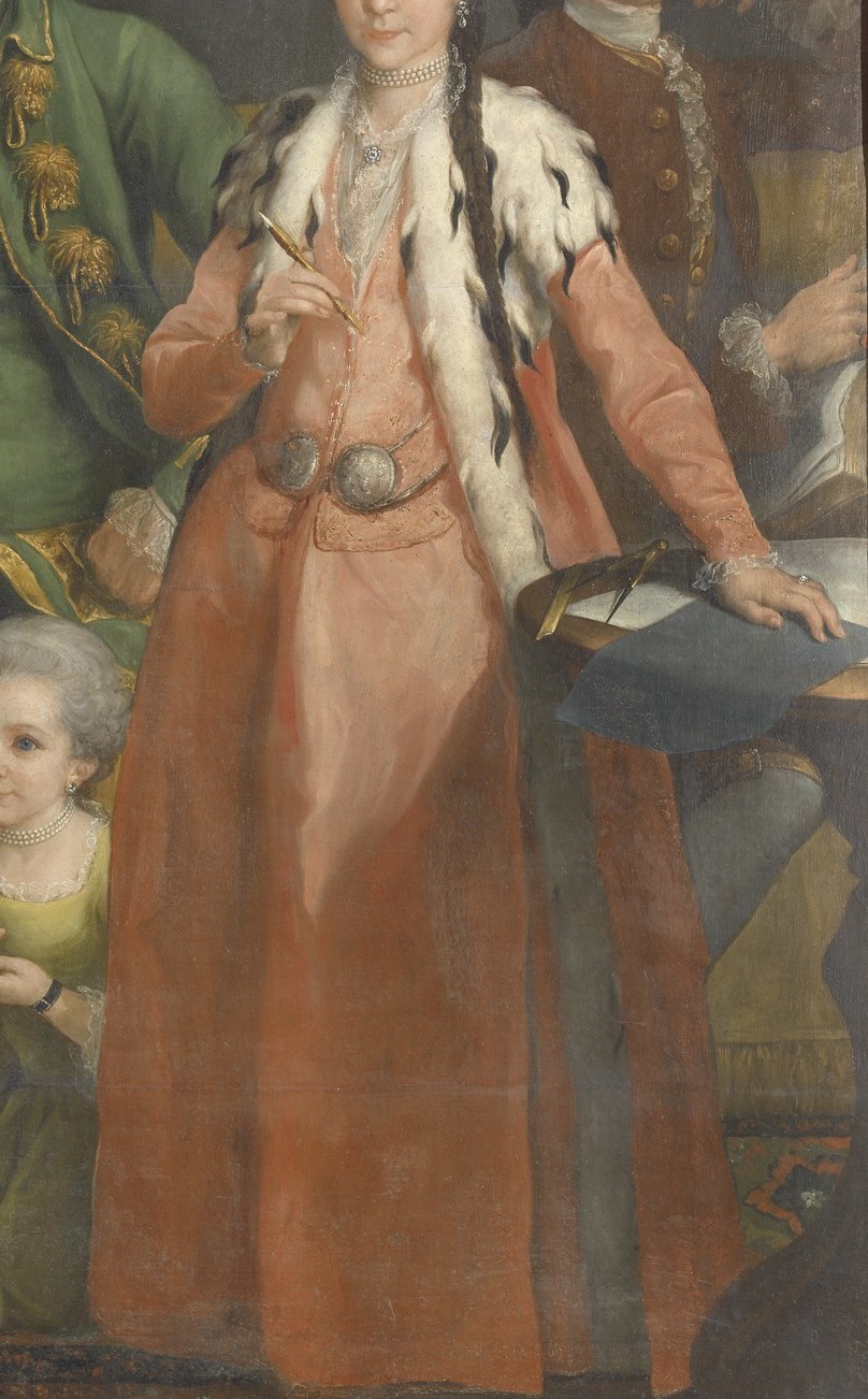 The mother's luxurious dress and fur trim show their wealth.