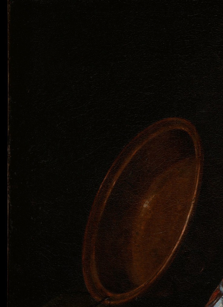 A warm, rounded counterweight to the dark chaos of the cat and fish; its reflective surface would reveal Recco's ability to paint metallic or ceramic sheen.