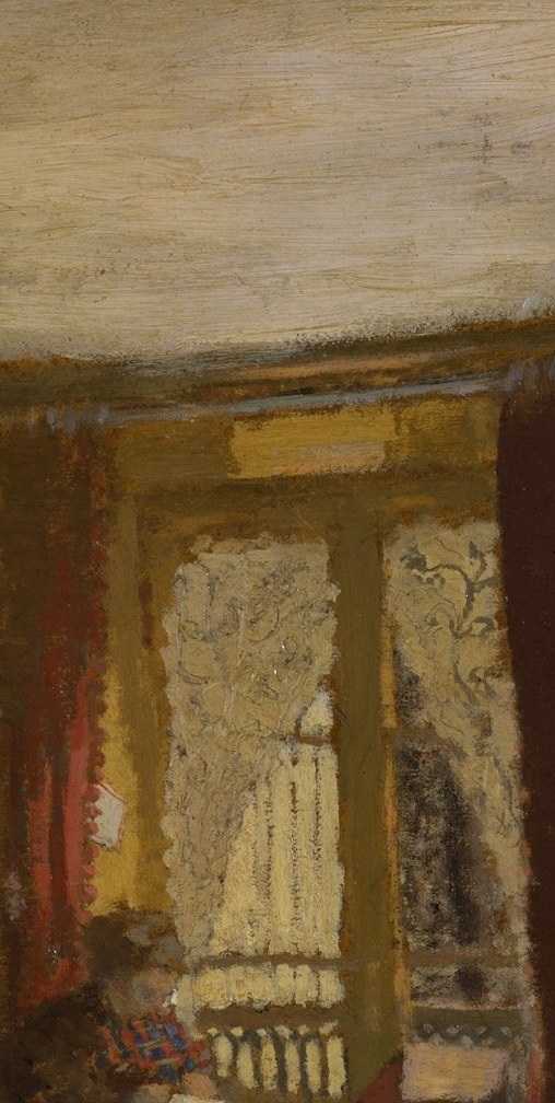 The single light source that organizes the whole composition; its radiance bleaches the curtains and silhouettes the figure, creating a threshold between private interior and outside world.