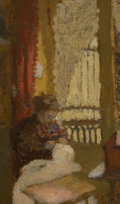 The human anchor of the painting, partially unclothed and absorbed in her task; small against the room yet commanding the only burst of natural light , she dissolves into the setting in classic Nabi fashion.