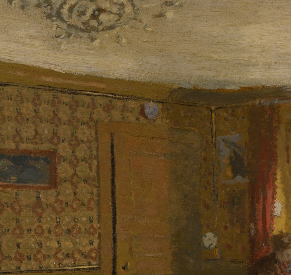 Vuillard's signature move: the wallpaper is painted with the same attention as the figure, actively absorbing her into itself , the boundary between person and décor is the conceptual subject of the work.