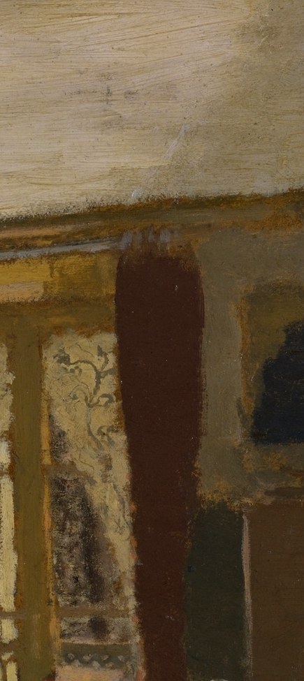 Vuillard renders the fabric almost as pure impasto light; their texture passage rewards close examination as brushwork shifts from flat to luminous.