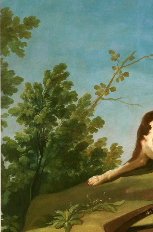 Its dense, dark foliage frames the scene like a stage curtain and deepens the pastoral setting.