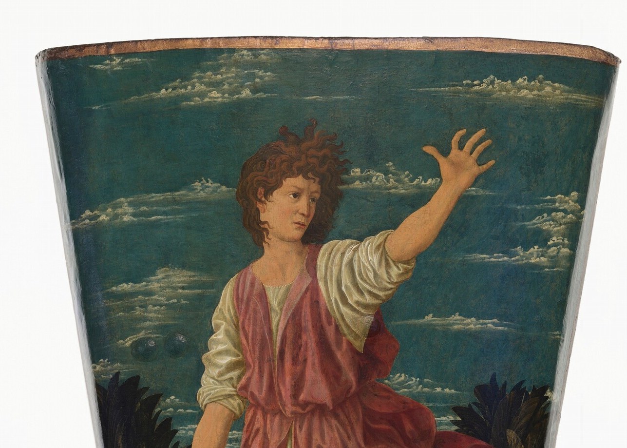 Unusually convincing atmospheric sky for mid-15th-century tempera; sets an open triumphant outdoor stage and invokes divine witness