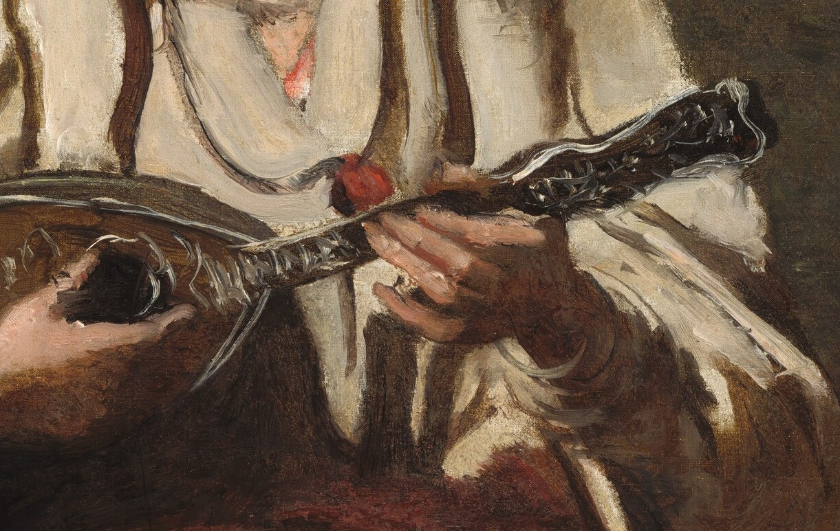The instrument is detailed with inlaid patterns, hinting at its value and the musician's connection to it.