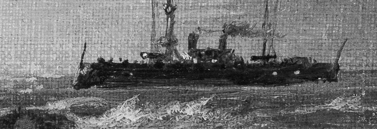 A formidable warship, its silhouette is starkly defined against the moonlit sea, suggesting power and perhaps isolation.