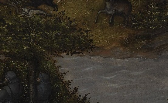 A stag struggles in the churning river.