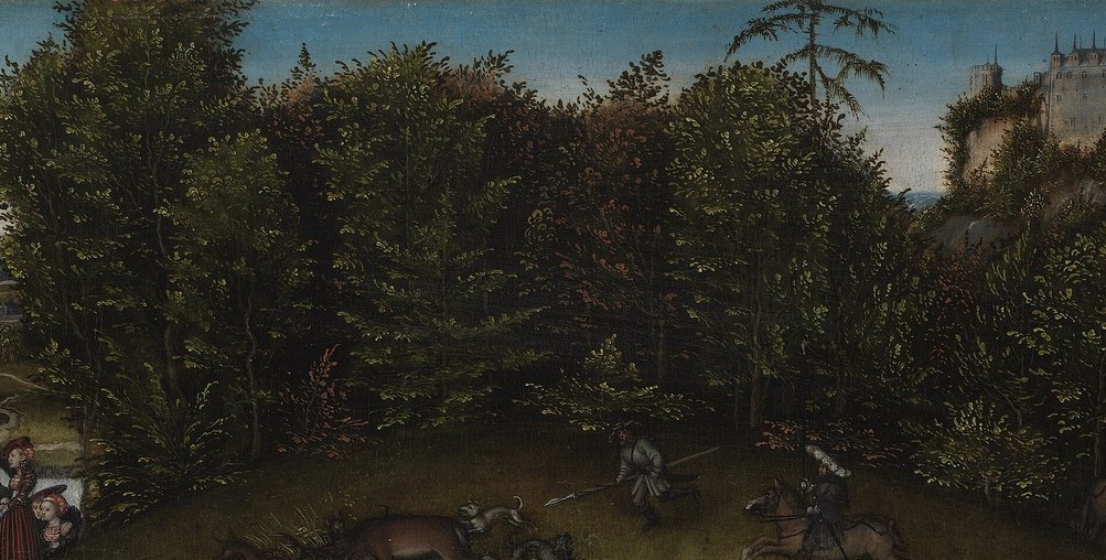 The detailed rendering of the forest creates a sense of depth and atmosphere.