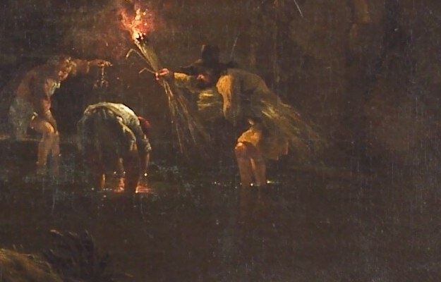 These figures are crayfishing in a forest stream.