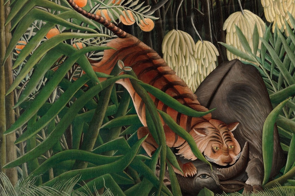The tiger's bold orange-and-black stripes are the painting's kinetic center , the attacker caught mid-lunge makes the violence visceral yet stylized.