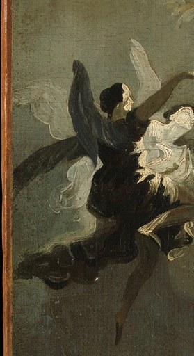 Angels with dark wings contrast the light.