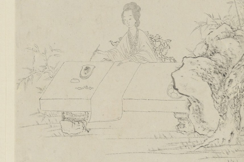 On the right, a woman writes, deeply immersed in thought.