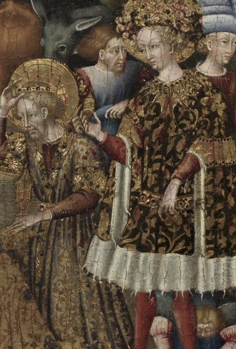 Look closely at the richly patterned clothes of the standing Magus.